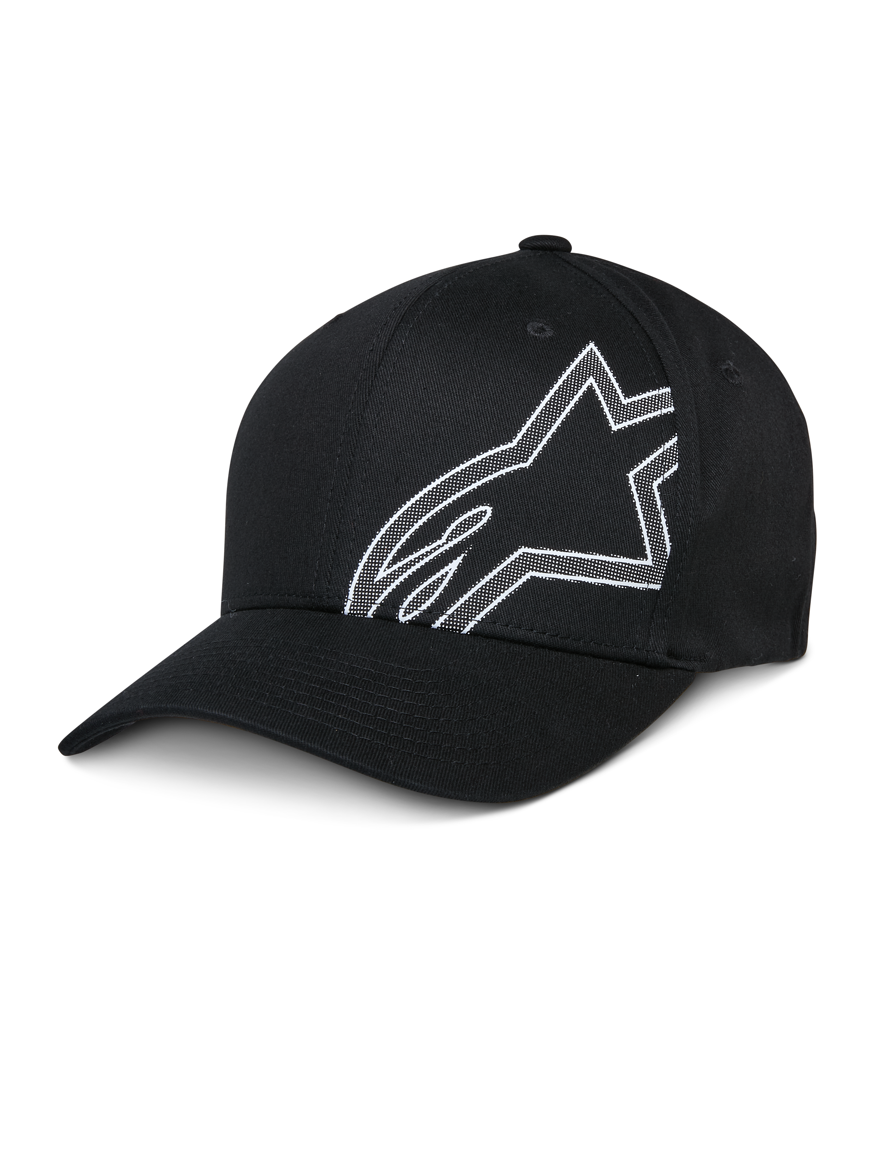Alpinestars Share Hat, sort baseballkasket, hvidt kontureret Astars-logo, buet skygge, struktureret krone, afslappet sportstøj