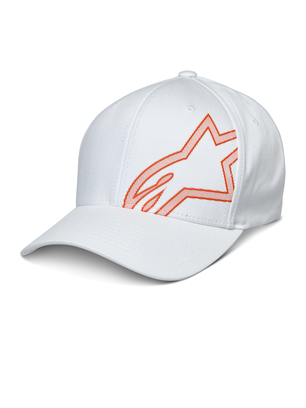 Alpinestars Share Hat, hvid baseballcap med orange HD puff-printet Astars-logo, buet skygge og struktureret krone, afslappet motorsportstøj