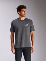 Alpinestars Angler CSF Tee, Short Sleeve T-Shirt, Charcoal Gray, Vibrant Multi-Color Astars Logo on Chest, Casual Motorsport Sportswear