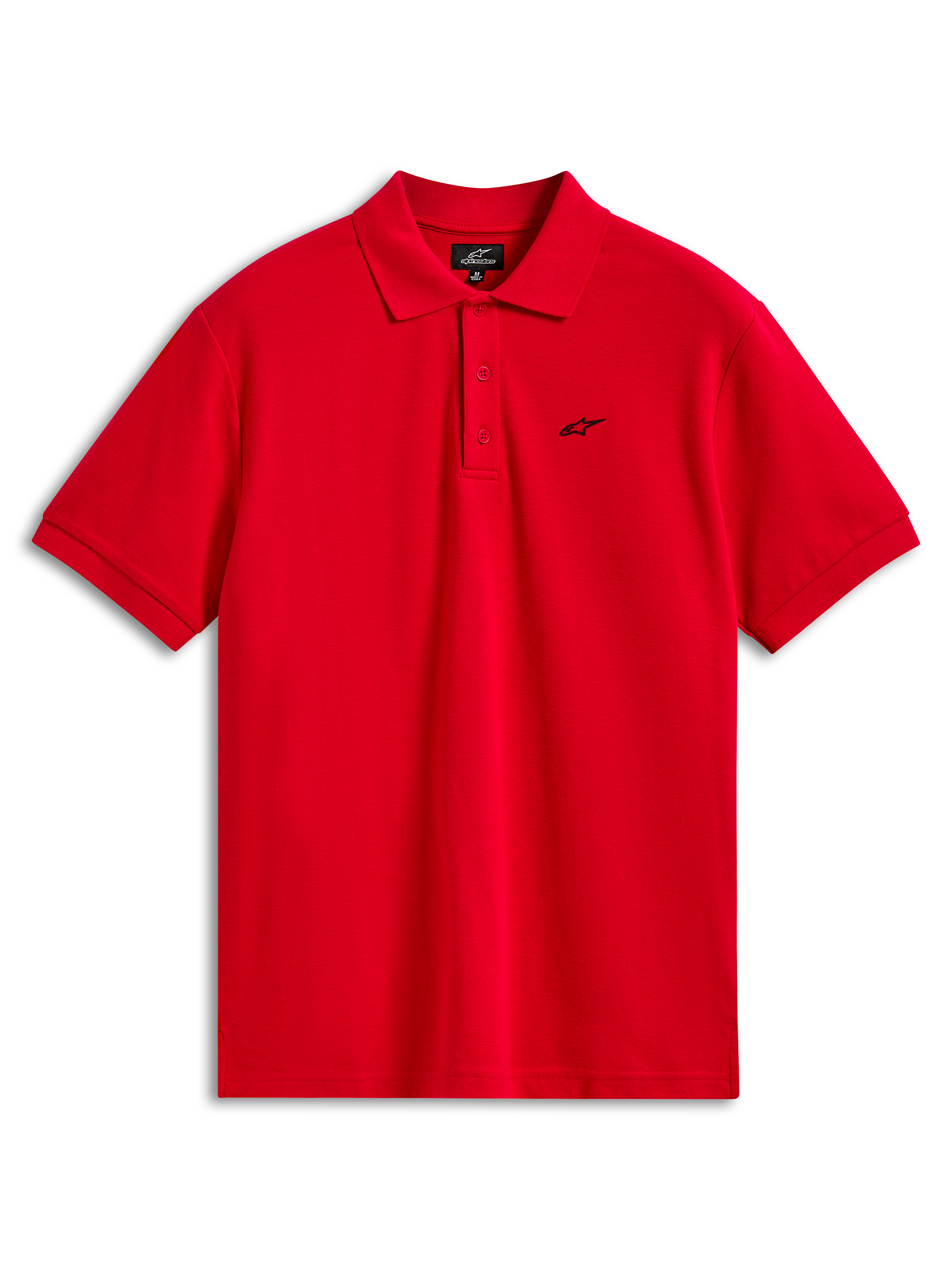 Alpinestars Endeavor Classic Polo, kortærmet piqué-poloshirt, rød, lille sort Astars-logo på brystet, stolpelukning med tre knapper, afslappet sportstøj