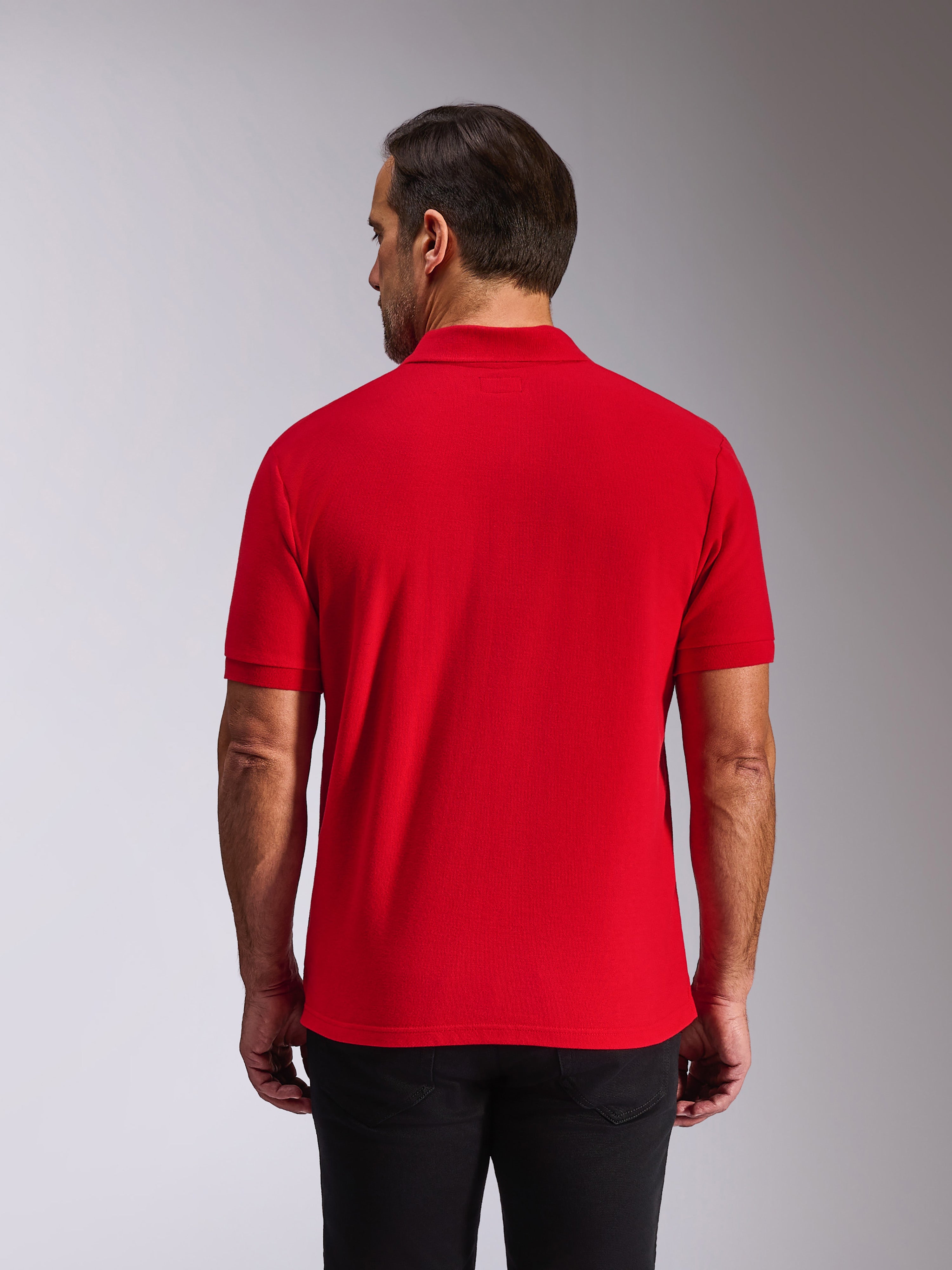 Alpinestars Endeavor Classic Polo, kortærmet poloshirt, rød, set bagfra på model, med ribkrave og ribkanter på ærmerne, afslappet motorsportsinspireret streetwear