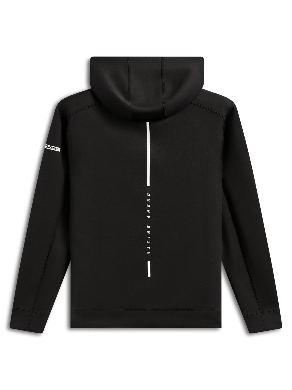 Alpinestars Insight Hoodie, set bagfra, sort pullover-hættetrøje i fleece, lodret hvid stribe med 'RACING AHEAD'-tekst, Alpinestars word-logo på ærmet, afslappet motorsport-inspireret streetwear