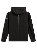 Alpinestars Insight Hoodie, set bagfra, sort pullover-hættetrøje i fleece, lodret hvid stribe med 'RACING AHEAD'-tekst, Alpinestars word-logo på ærmet, afslappet motorsport-inspireret streetwear