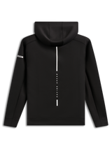 Alpinestars Insight Hoodie, set bagfra, sort pullover-hættetrøje i fleece, lodret hvid stribe med 'RACING AHEAD'-tekst, Alpinestars word-logo på ærmet, afslappet motorsport-inspireret streetwear