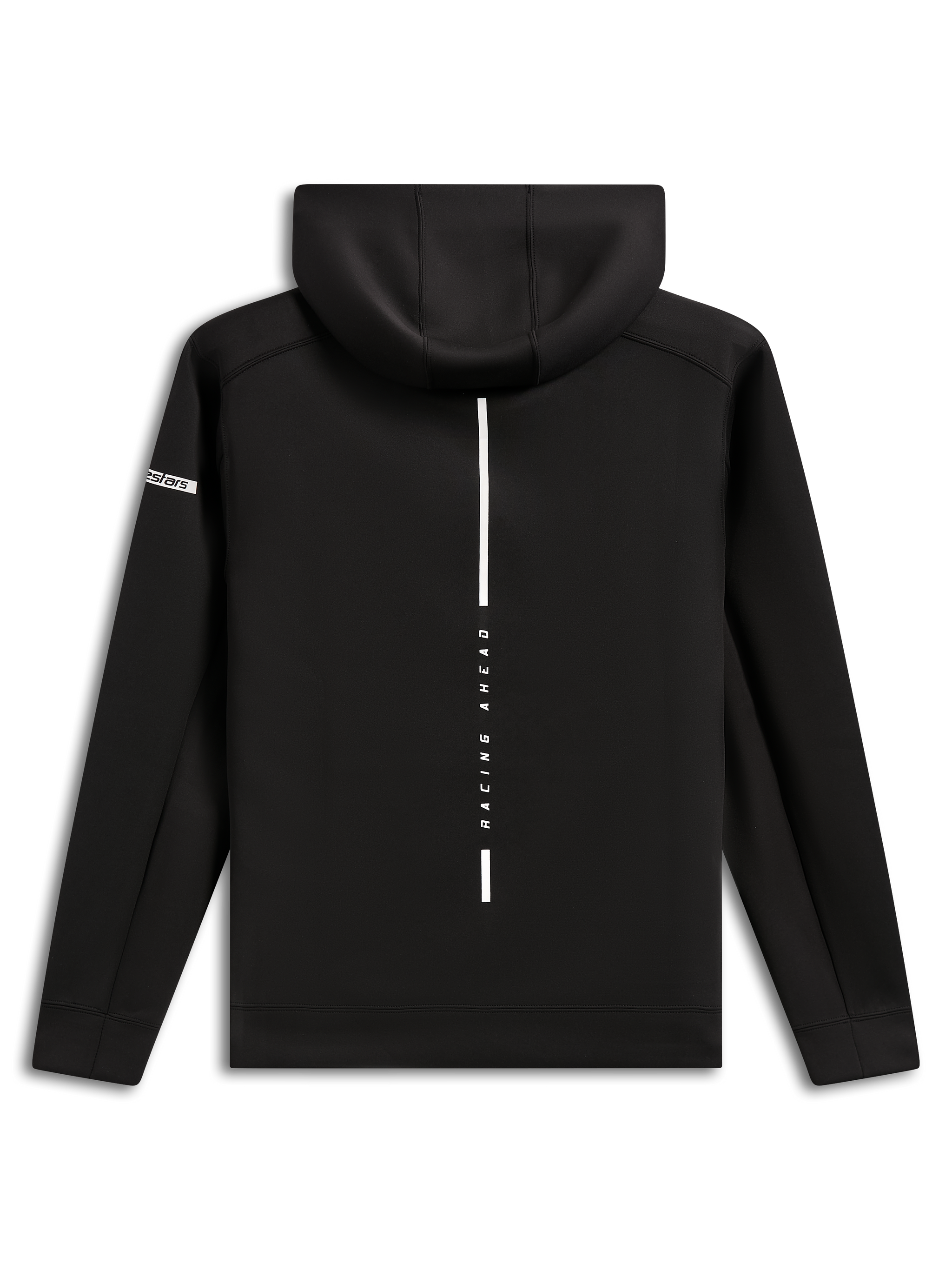 Alpinestars Insight Hoodie, set bagfra, sort pullover-hættetrøje i fleece, lodret hvid stribe med 'RACING AHEAD'-tekst, Alpinestars word-logo på ærmet, afslappet motorsport-inspireret streetwear