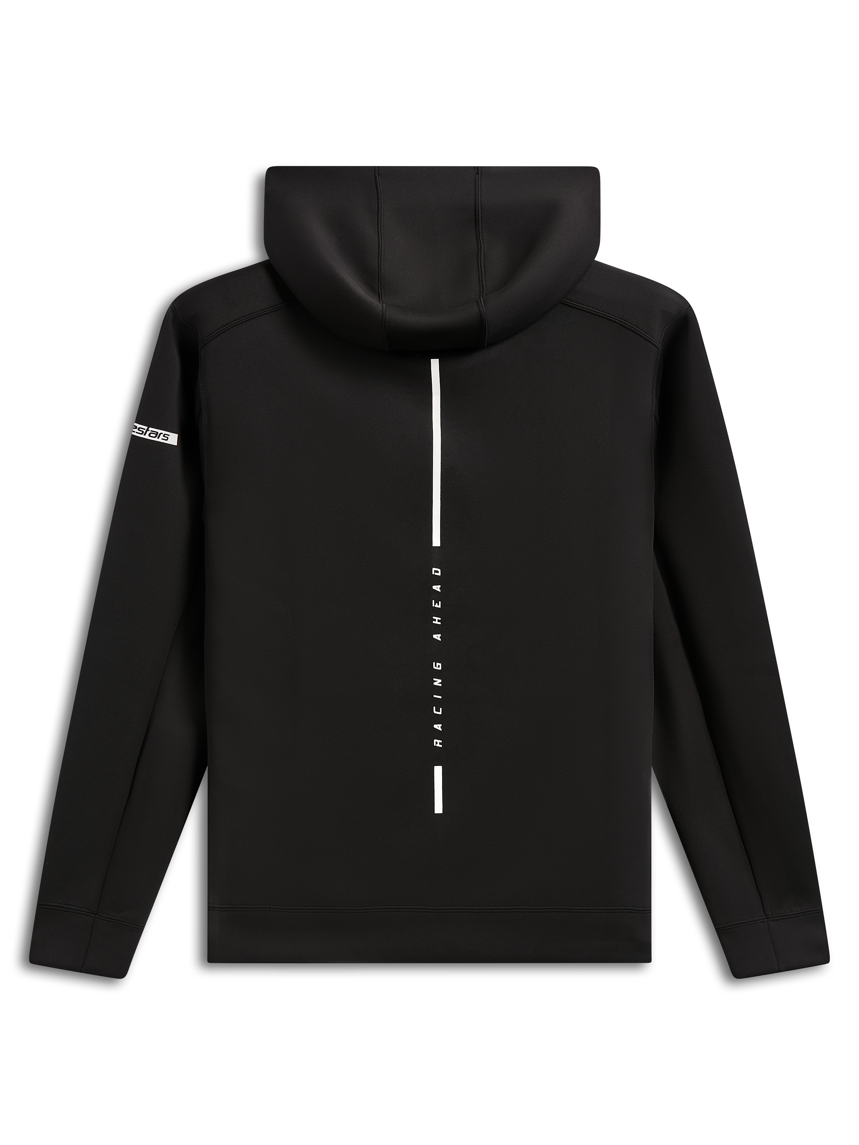 Alpinestars Insight Hoodie, set bagfra, sort pullover-hættetrøje i fleece, lodret hvid stribe med 'RACING AHEAD'-tekst, Alpinestars word-logo på ærmet, afslappet motorsport-inspireret streetwear