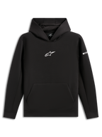 Alpinestars Insight Hoodie, sort pullover-hættetrøje, hvidt Astars-logo på brystet, kængurulomme, mesh-foret hætte, afslappet motorsport-inspireret streetwear