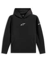 Alpinestars Insight Hoodie, sort pullover-hættetrøje, hvidt Astars-logo på brystet, kængurulomme, mesh-foret hætte, afslappet motorsport-inspireret streetwear