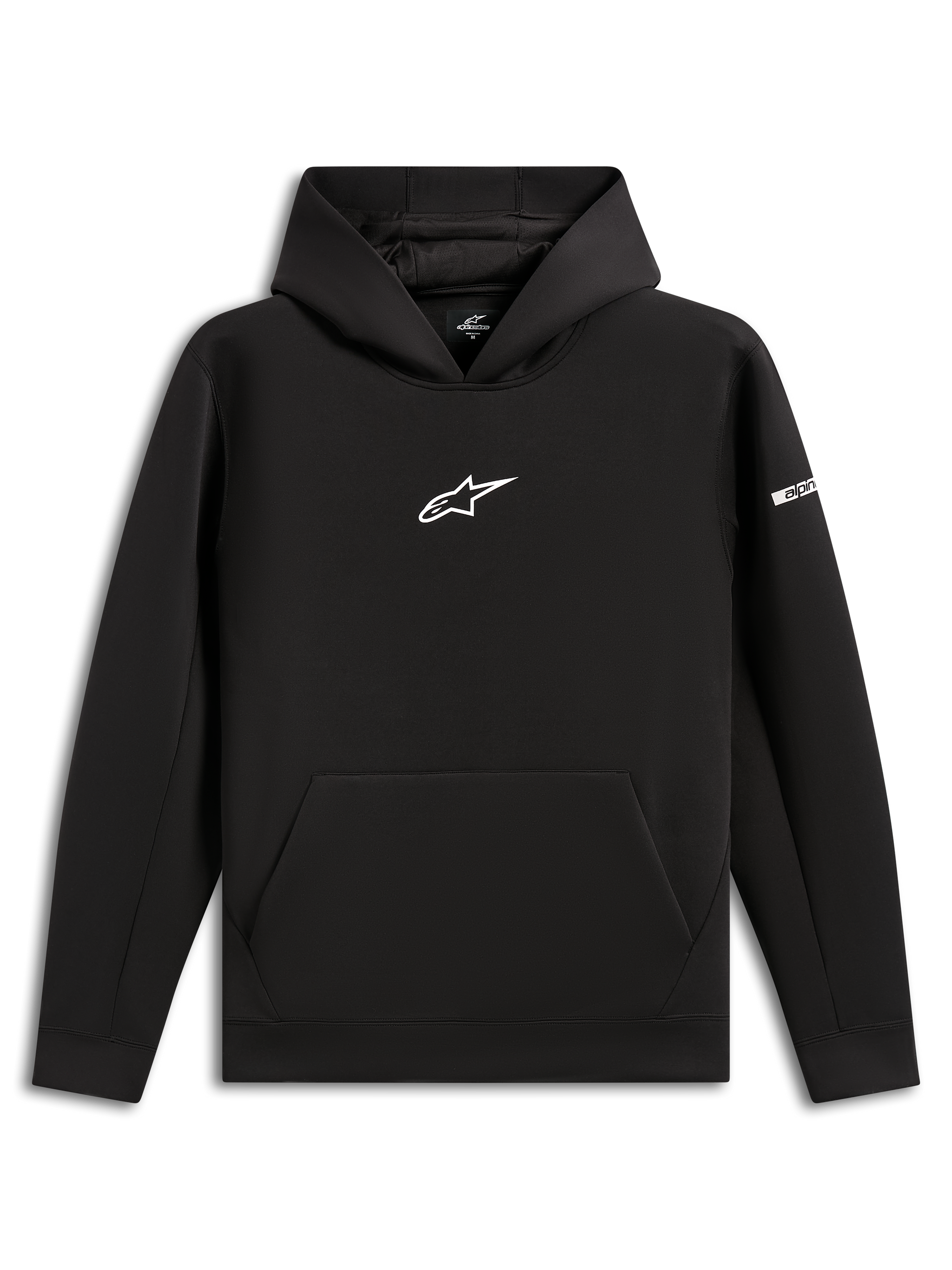 Alpinestars Insight Hoodie, sort pullover-hættetrøje, hvidt Astars-logo på brystet, kængurulomme, mesh-foret hætte, afslappet motorsport-inspireret streetwear