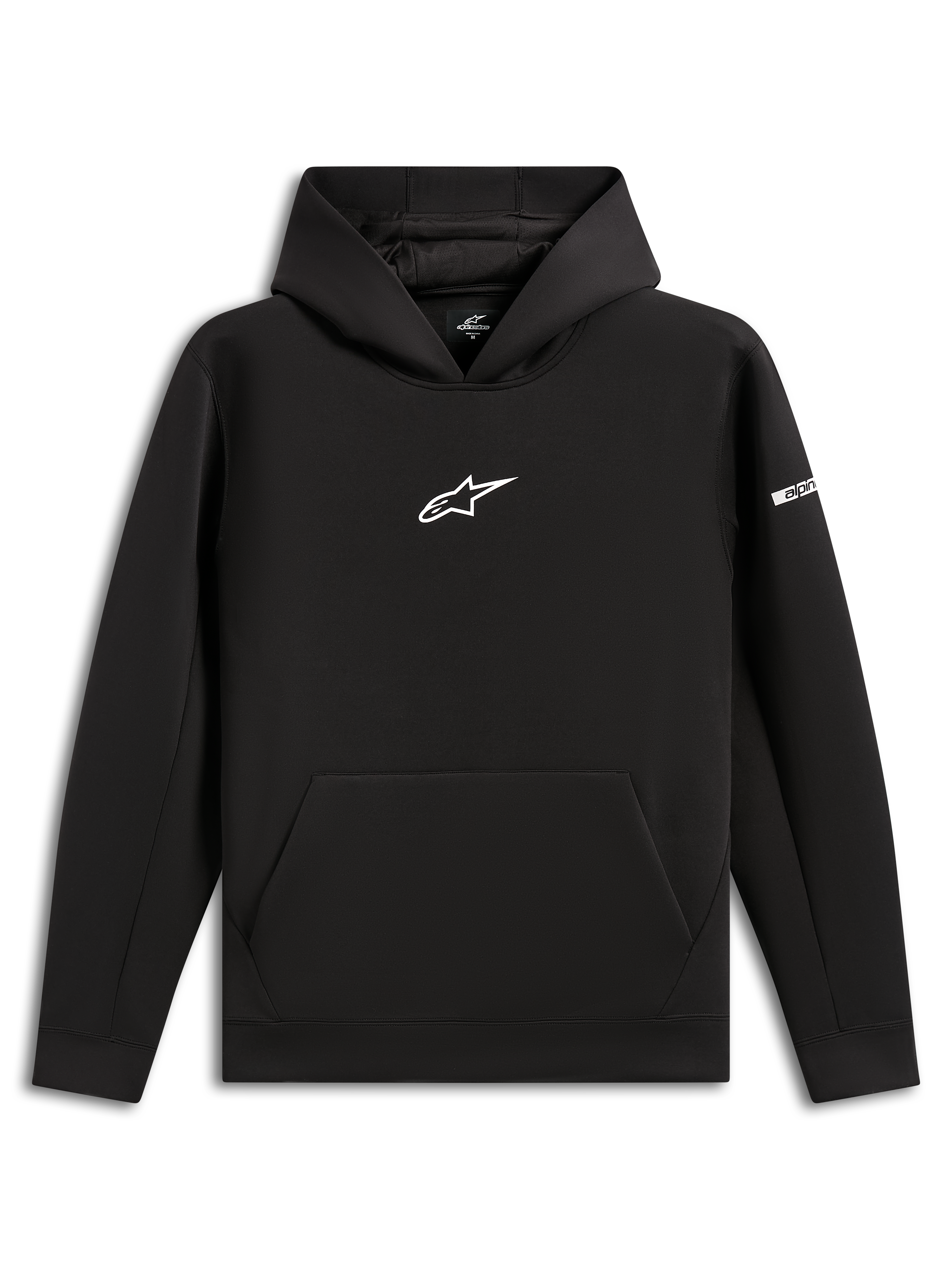 Alpinestars Insight Hoodie, sort pullover-hættetrøje, hvidt Astars-logo på brystet, kængurulomme, mesh-foret hætte, afslappet motorsport-inspireret streetwear