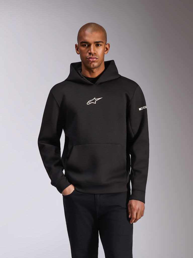 Alpinestars Insight Hættetrøje, sort pullover-hættetrøje, hvidt Astars-logo på brystet og ordmærke på ærmet, kængurulomme, tri-blend dobbeltsidet fleece, afslappet motorsport-streetwear