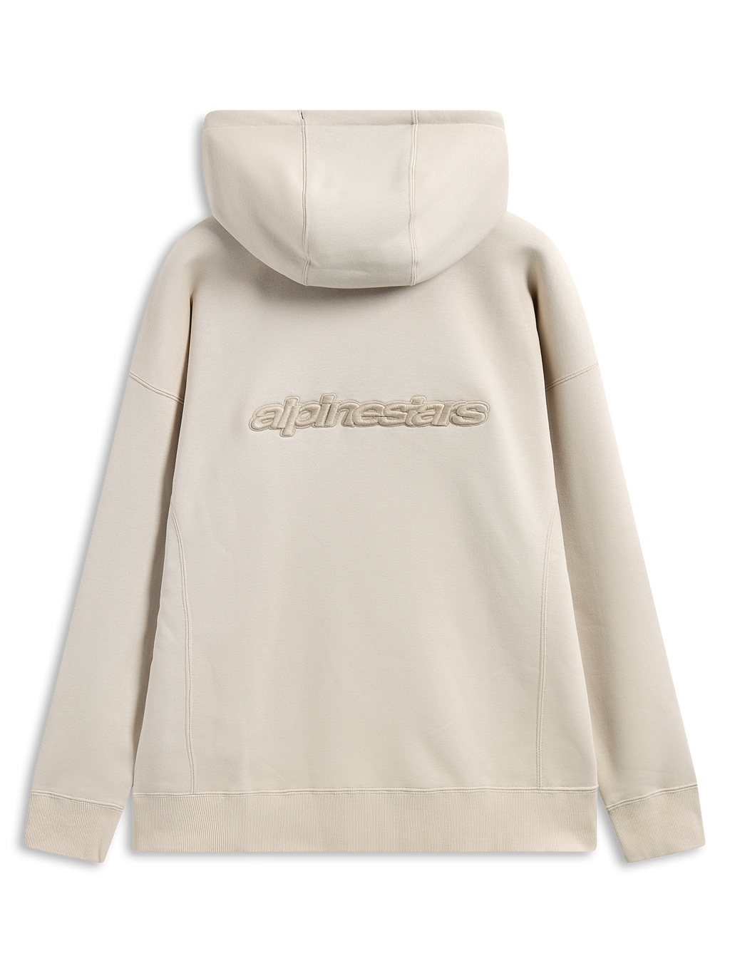 Alpinestars Emergent Oversized hættetrøje, set bagfra, sandfarvet, 3D-broderet Alpinestars-ordlogo midt på ryggen, oversized pasform med ribkanter ved manchetter og forneden, afslappet streetwear