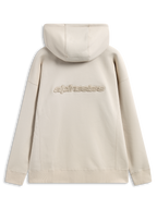 Alpinestars Emergent Oversized hættetrøje, set bagfra, sandfarvet, 3D-broderet Alpinestars-ordlogo midt på ryggen, oversized pasform med ribkanter ved manchetter og forneden, afslappet streetwear