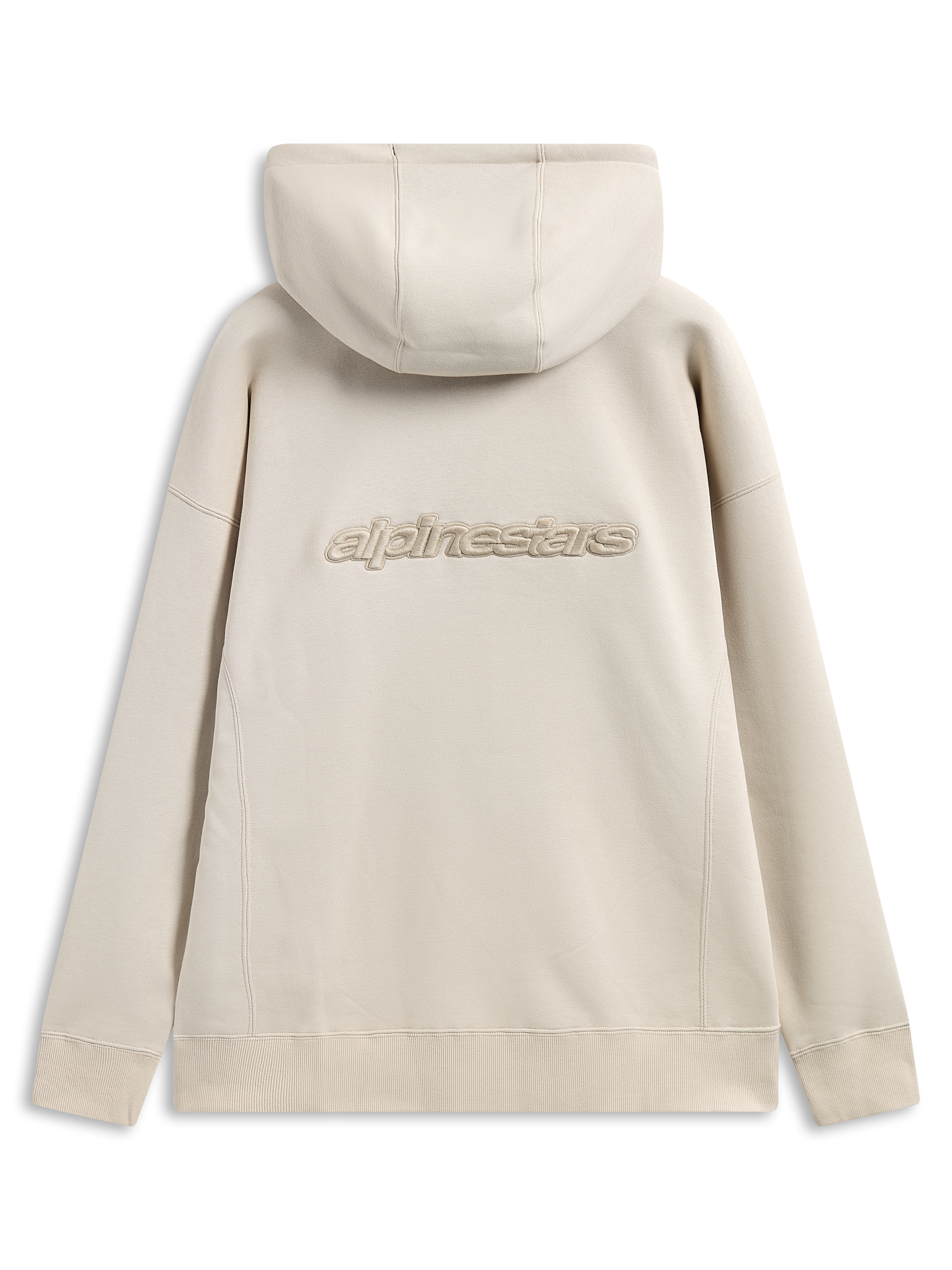 Alpinestars Emergent Oversized hættetrøje, set bagfra, sandfarvet, 3D-broderet Alpinestars-ordlogo midt på ryggen, oversized pasform med ribkanter ved manchetter og forneden, afslappet streetwear