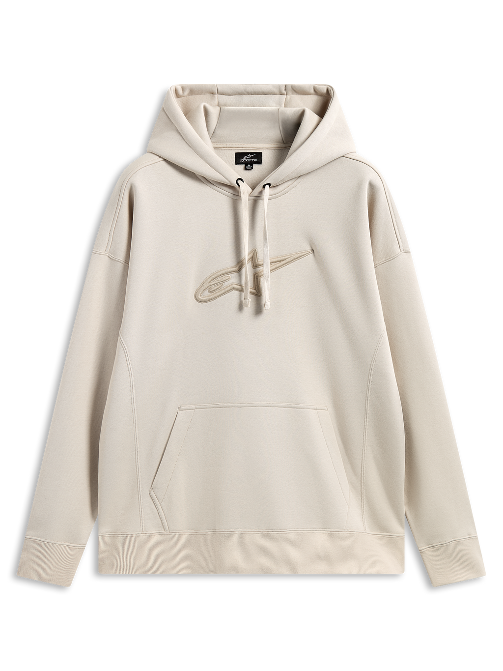 Alpinestars Emergent Oversized hættetrøje, afslappet motorsport streetwear, sandfarvet med tone-i-tone 3D-broderet Astars-logo, hætte med snøre, kængurulomme, afslappet oversized pasform