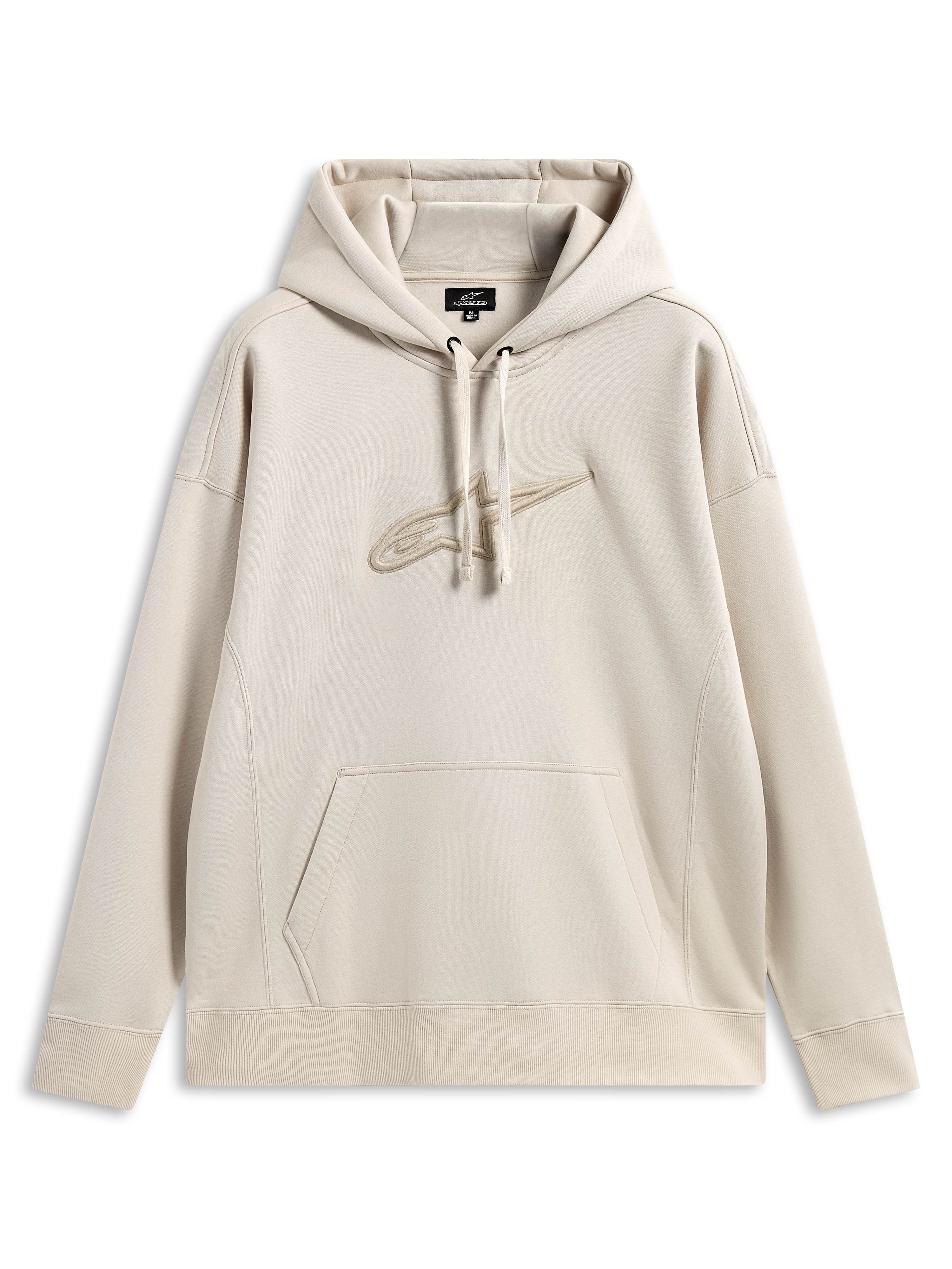 Alpinestars Emergent Oversized hættetrøje, afslappet motorsport streetwear, sandfarvet med tone-i-tone 3D-broderet Astars-logo, hætte med snøre, kængurulomme, afslappet oversized pasform