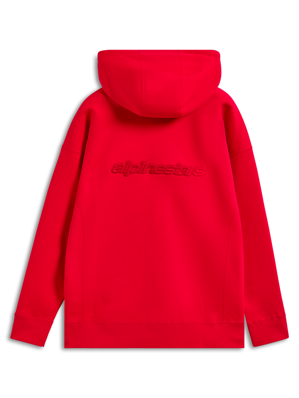 Alpinestars Emergent Oversized hættetrøje, rød, set bagfra med tonal Alpinestars-ordlogo-broderi på tværs af ryggen, oversized pasform med ribmanchetter og kant, afslappet motorsport-streetwear