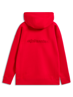 Alpinestars Emergent Oversized hættetrøje, rød, set bagfra med tonal Alpinestars-ordlogo-broderi på tværs af ryggen, oversized pasform med ribmanchetter og kant, afslappet motorsport-streetwear
