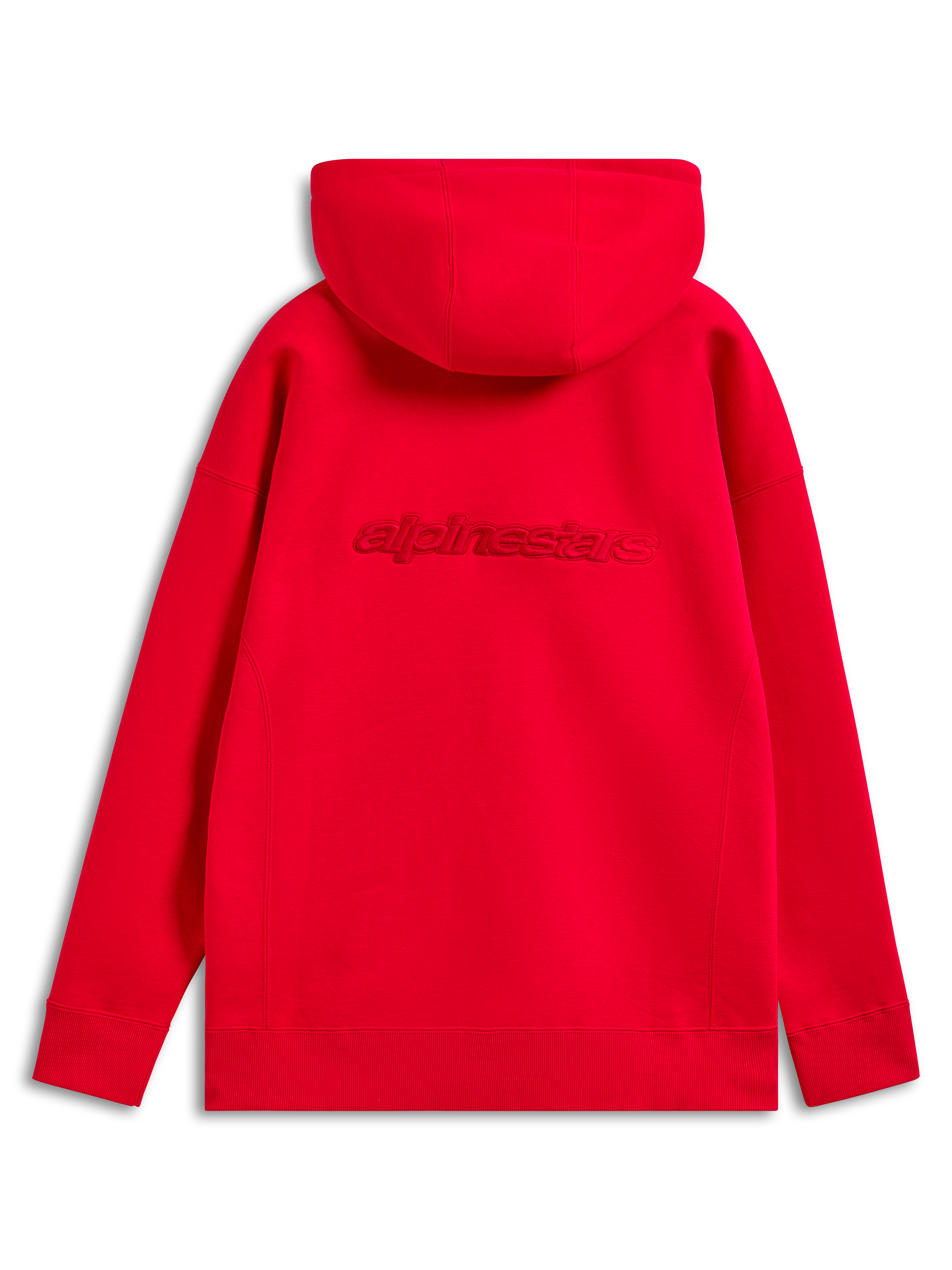 Alpinestars Emergent Oversized hættetrøje, rød, set bagfra med tonal Alpinestars-ordlogo-broderi på tværs af ryggen, oversized pasform med ribmanchetter og kant, afslappet motorsport-streetwear