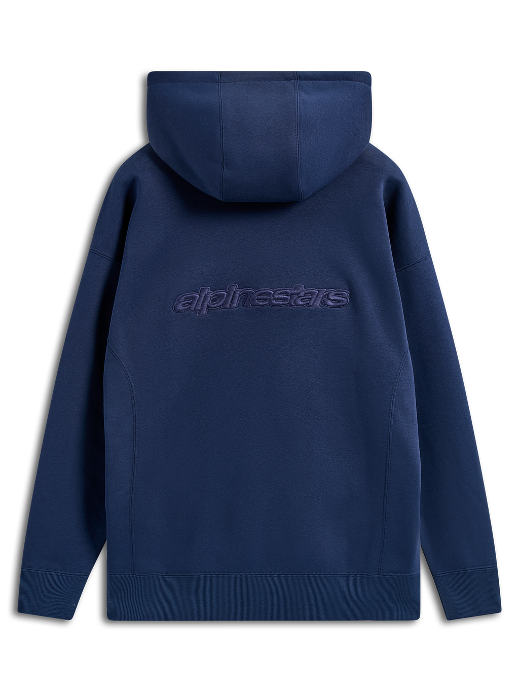 Alpinestars Emergent Oversized hættetrøje, marineblå, set bagfra med broderet Alpinestars-tekstlogo, oversized fit pullover-fleece, afslappet streetwear med hætte med snøre og ribkanter