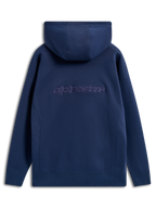 Alpinestars Emergent Oversized hættetrøje, marineblå, set bagfra med broderet Alpinestars-tekstlogo, oversized fit pullover-fleece, afslappet streetwear med hætte med snøre og ribkanter