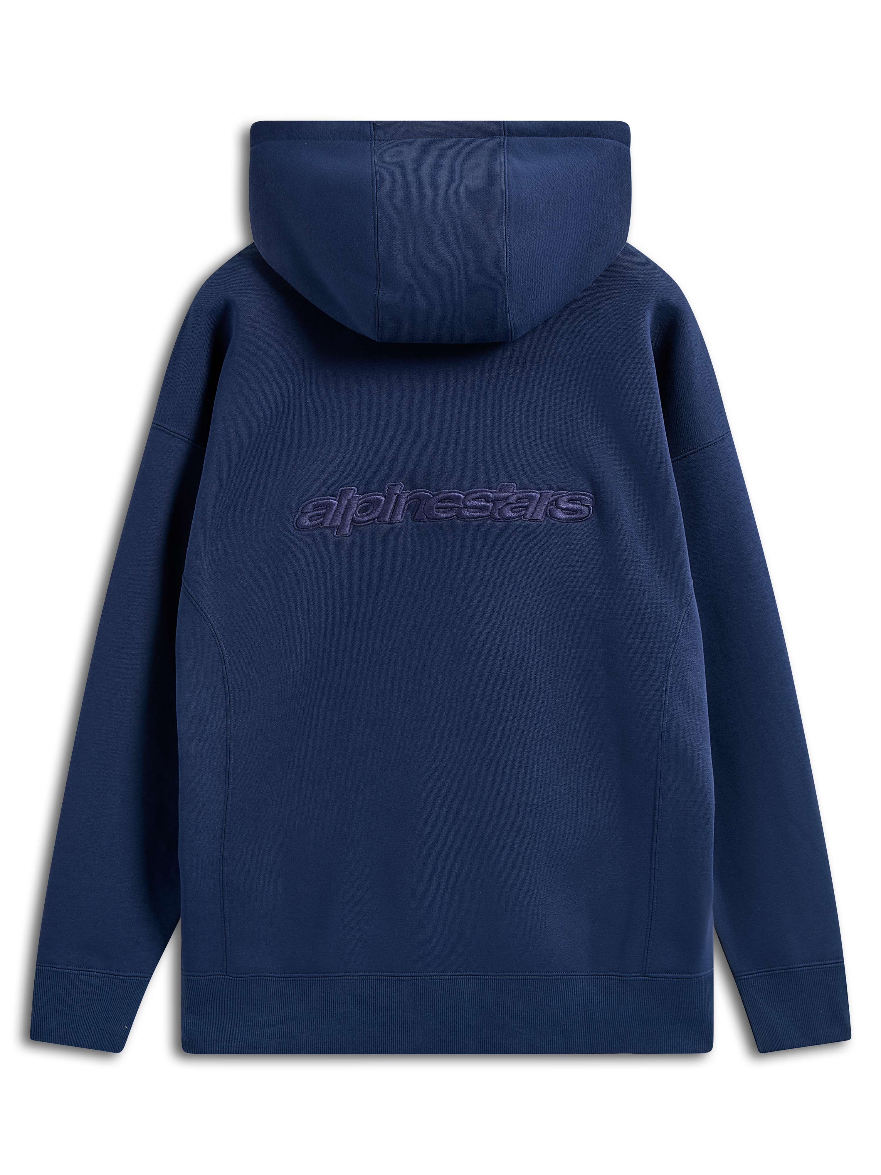 Alpinestars Emergent Oversized hættetrøje, marineblå, set bagfra med broderet Alpinestars-tekstlogo, oversized fit pullover-fleece, afslappet streetwear med hætte med snøre og ribkanter