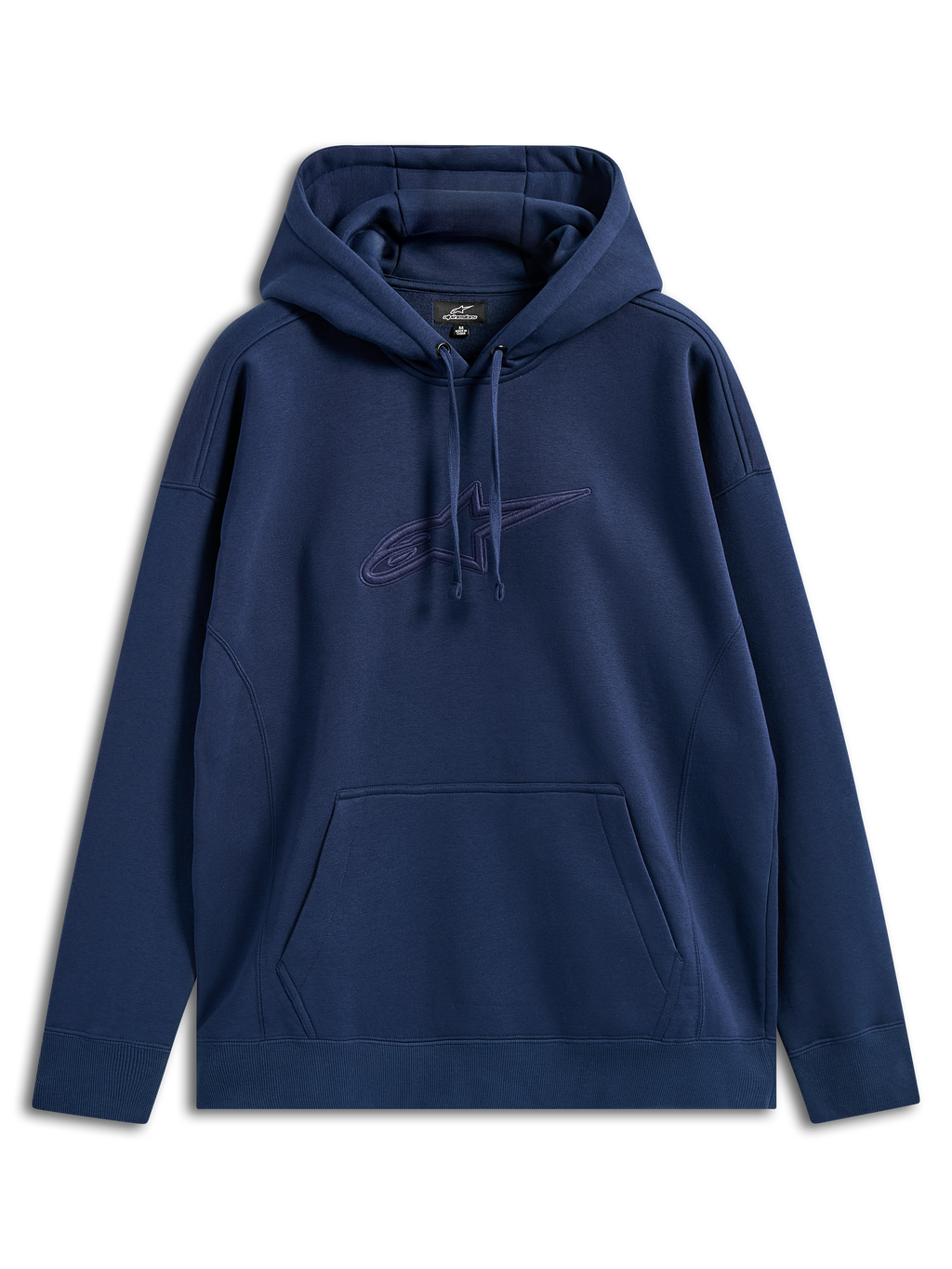Alpinestars Emergent Oversized Hættetrøje, navy blå, pullover fleece med tonalt 3D-broderet Astars-logo på brystet, kængurulomme, hætte med snøre, afslappet pasform casual streetwear