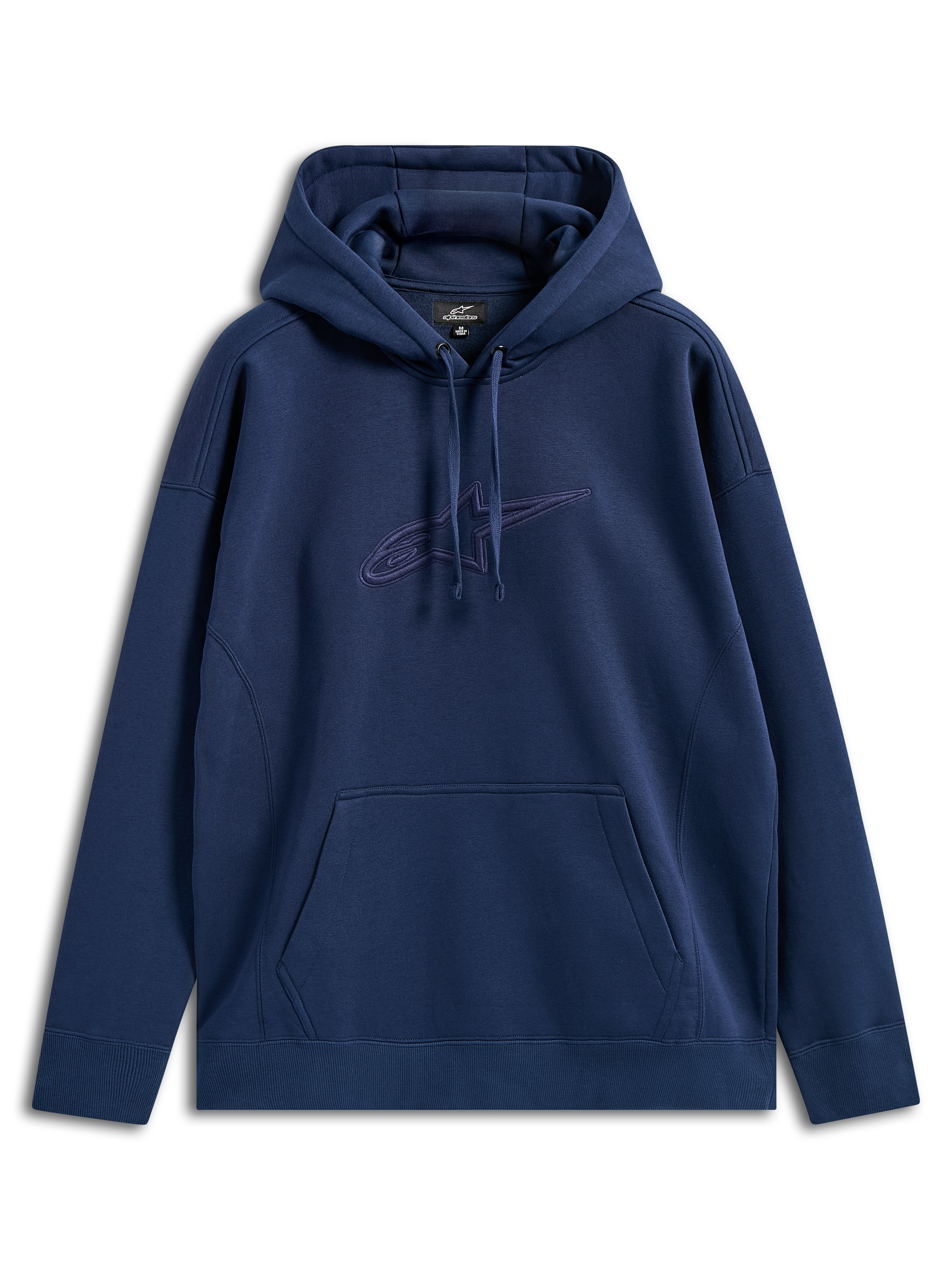 Alpinestars Emergent Oversized Hættetrøje, navy blå, pullover fleece med tonalt 3D-broderet Astars-logo på brystet, kængurulomme, hætte med snøre, afslappet pasform casual streetwear