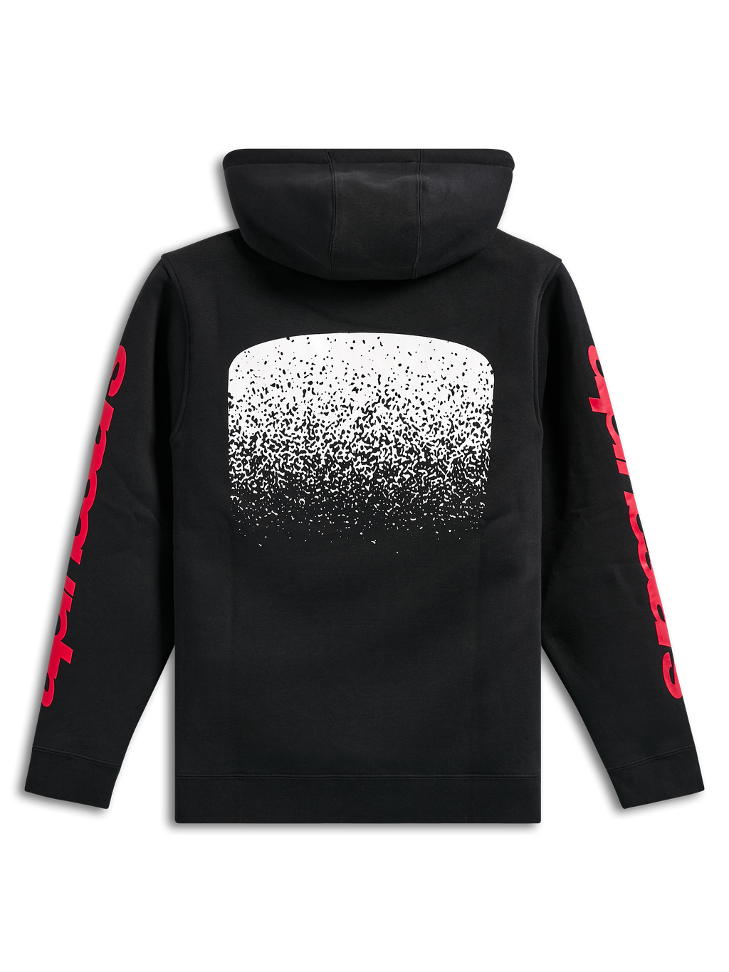 Alpinestars Obsessed hættetrøje, sort pullover fleece-hættetrøje, set bagfra, stor hvid MX-gradueringsgrafik på ryggen, røde Alpinestars-tekstlogoer på ærmerne, afslappet motorsport-inspireret streetwear