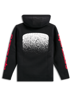 Alpinestars Obsessed hættetrøje, sort pullover fleece-hættetrøje, set bagfra, stor hvid MX-gradueringsgrafik på ryggen, røde Alpinestars-tekstlogoer på ærmerne, afslappet motorsport-inspireret streetwear