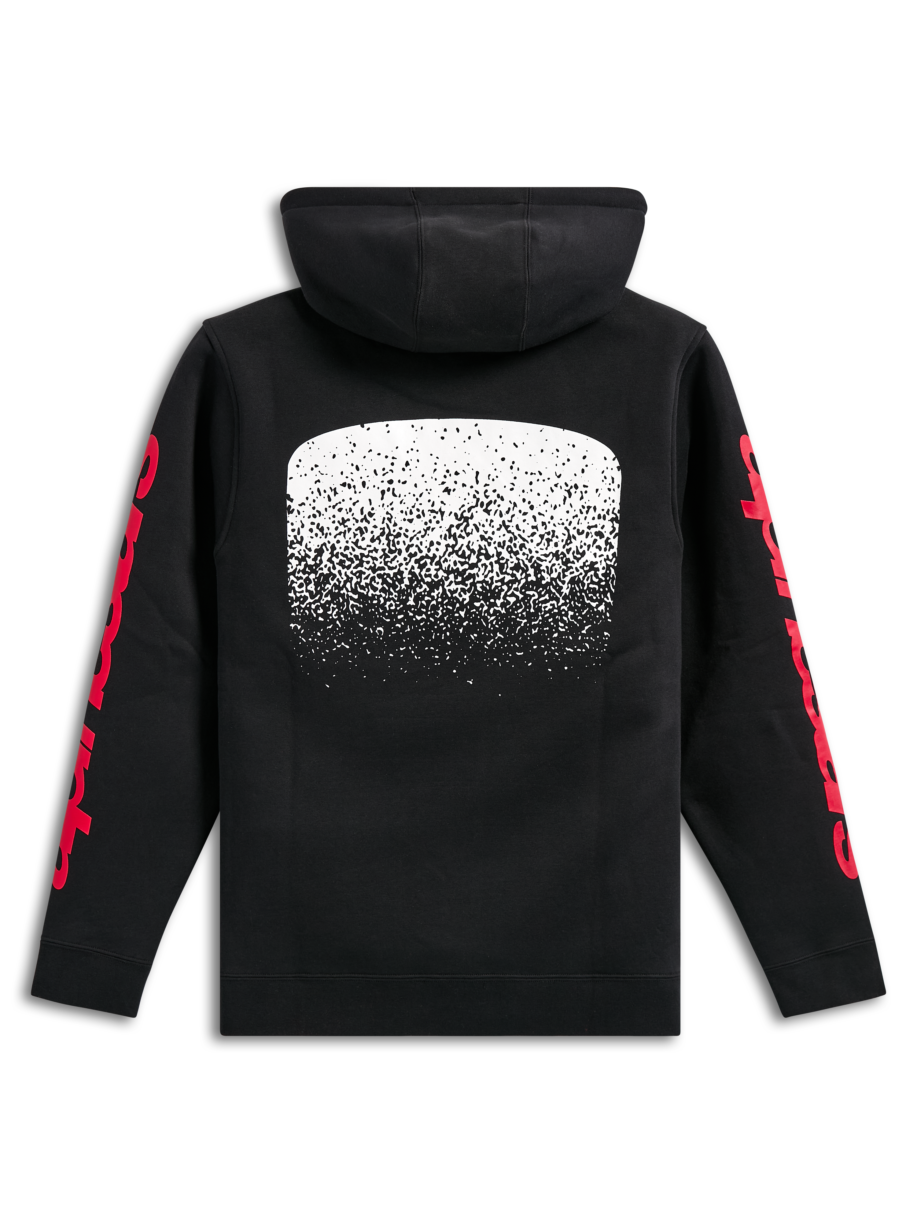 Alpinestars Obsessed hættetrøje, sort pullover fleece-hættetrøje, set bagfra, stor hvid MX-gradueringsgrafik på ryggen, røde Alpinestars-tekstlogoer på ærmerne, afslappet motorsport-inspireret streetwear