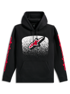 Alpinestars Obsessed hættetrøje, sort pullover-hættetrøje, stort Astars-logo på fronten med hvid og rød MX-graduering, røde Alpinestars-logotekster på ærmerne, hætte med snøre og kængurulomme, afslappet motorsport-inspireret streetwear