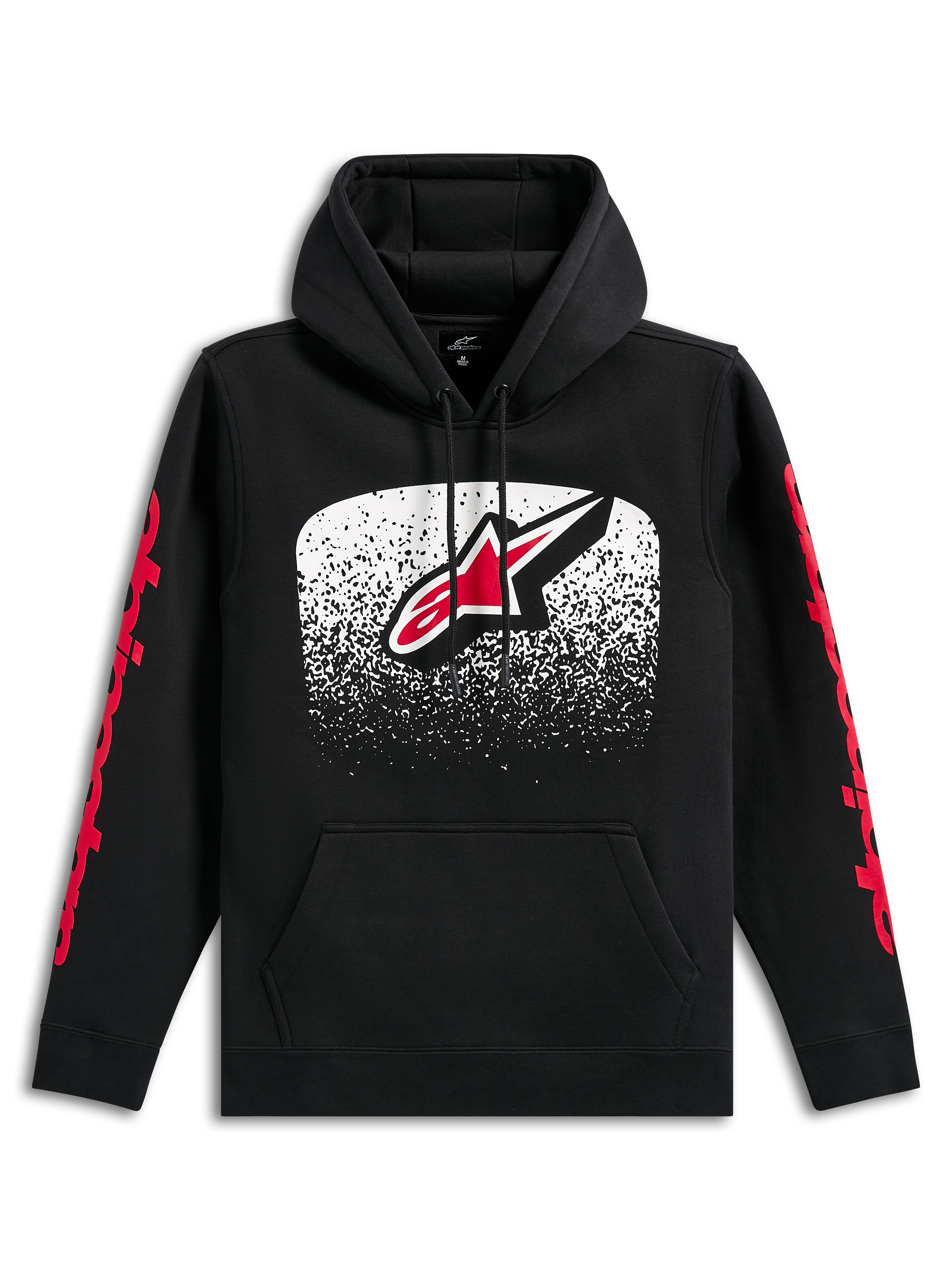 Alpinestars Obsessed hættetrøje, sort pullover-hættetrøje, stort Astars-logo på fronten med hvid og rød MX-graduering, røde Alpinestars-logotekster på ærmerne, hætte med snøre og kængurulomme, afslappet motorsport-inspireret streetwear