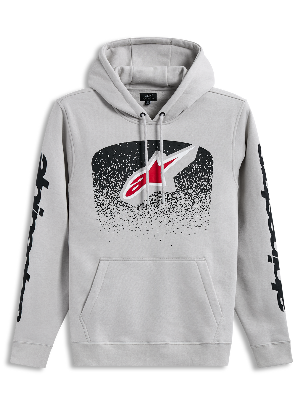 Alpinestars Obsessed hættetrøje, grå pullover med MX-gradientlogo på brystet og sort grafik på ærmerne.
