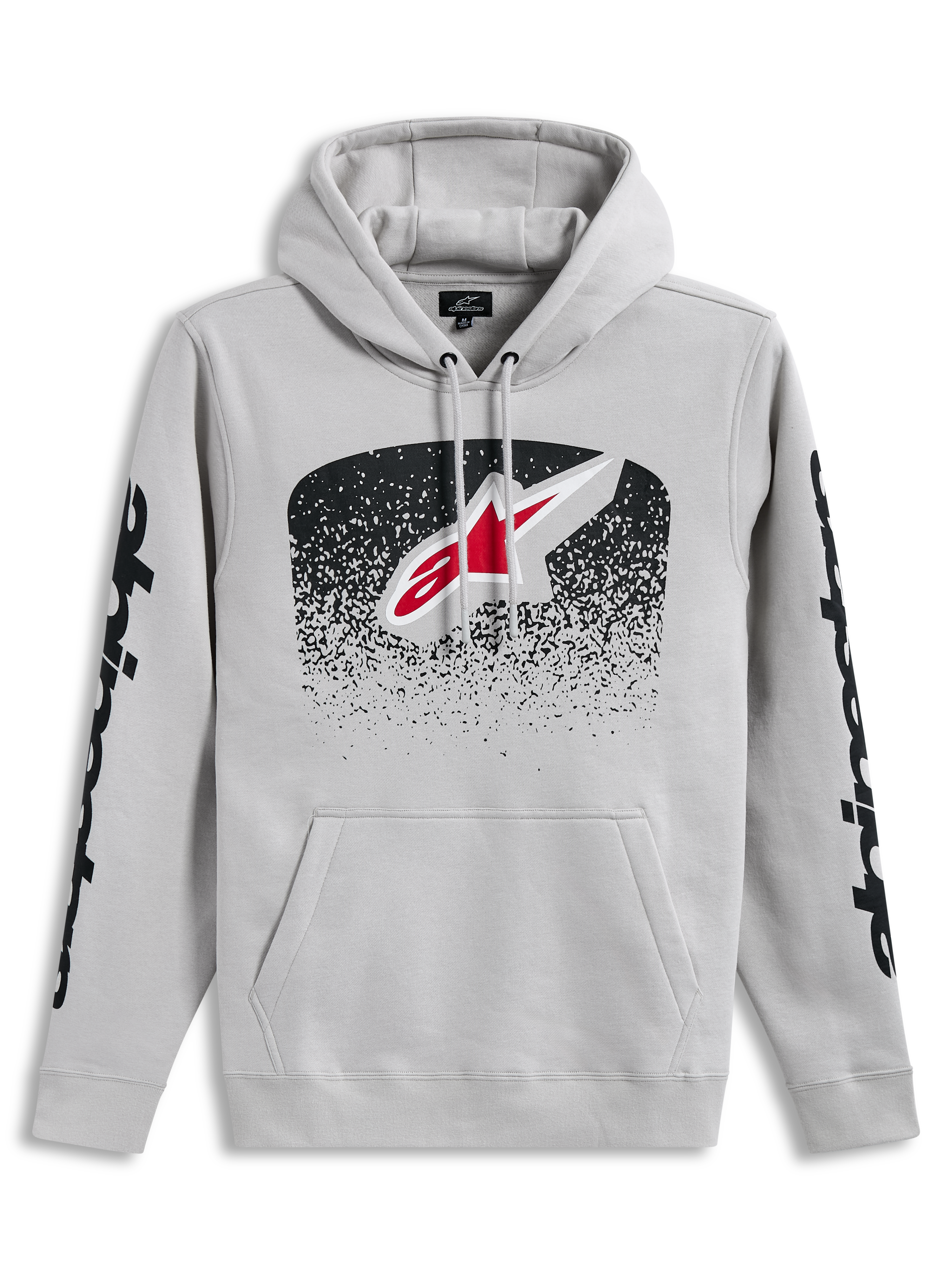 Alpinestars Obsessed hættetrøje, grå pullover med MX-gradientlogo på brystet og sort grafik på ærmerne.