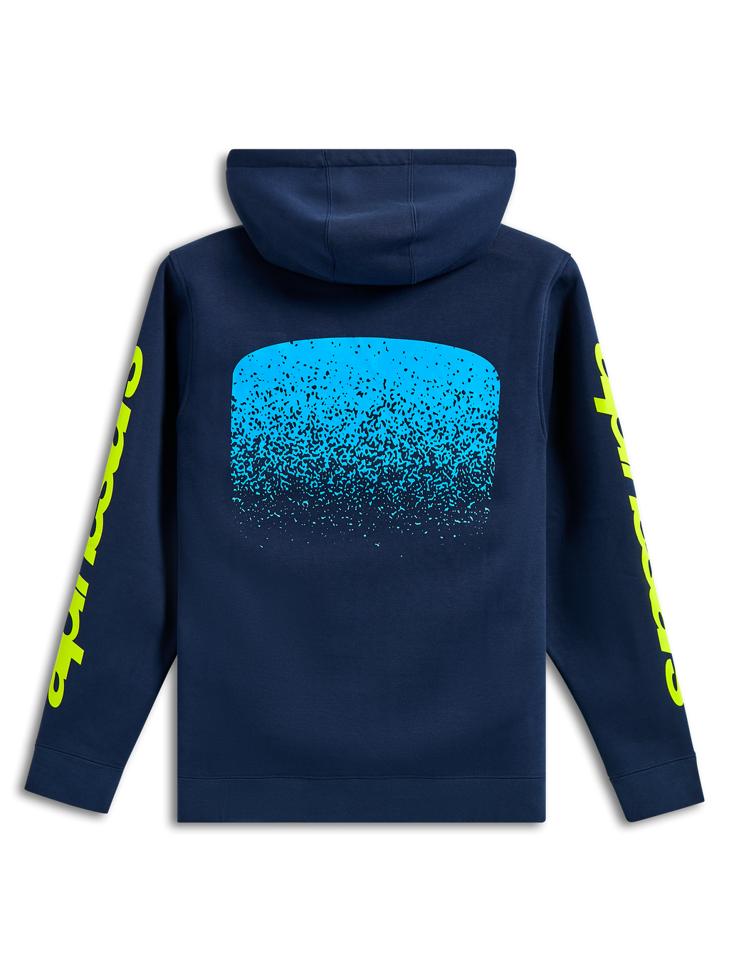 Alpinestars Obsessed Hoodie, set bagfra, marineblå, lyseblå MX-gradueringsgrafik på ryggen, gule Alpinestars-ordlogoer på ærmerne, afslappet motorsport-streetwear