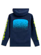 Alpinestars Obsessed Hoodie, set bagfra, marineblå, lyseblå MX-gradueringsgrafik på ryggen, gule Alpinestars-ordlogoer på ærmerne, afslappet motorsport-streetwear