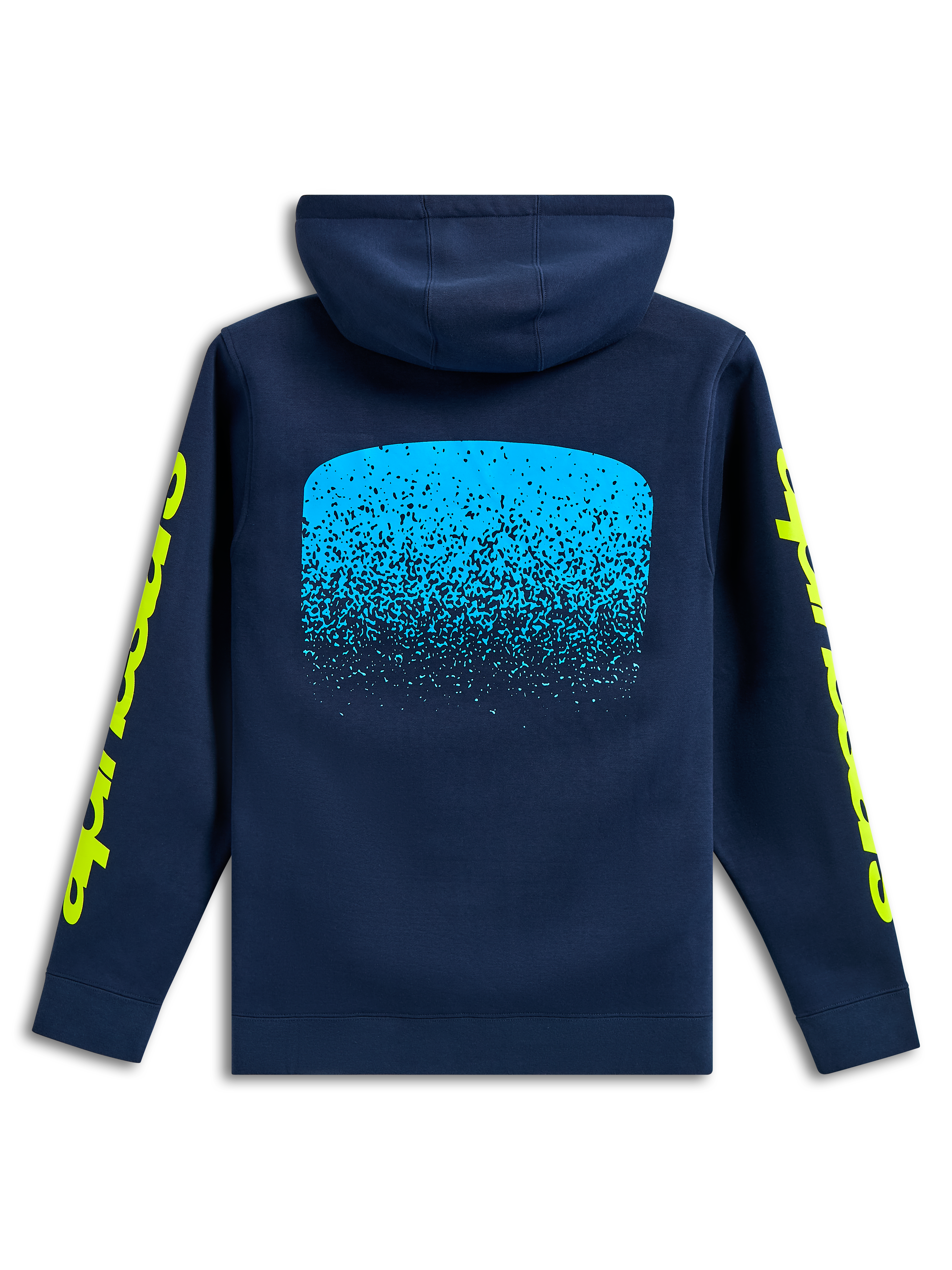 Alpinestars Obsessed Hoodie, set bagfra, marineblå, lyseblå MX-gradueringsgrafik på ryggen, gule Alpinestars-ordlogoer på ærmerne, afslappet motorsport-streetwear