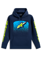 Alpinestars Obsessed hættetrøje, navyblå afslappet pullover-sweatshirt, Astars-logo på fronten med cyan MX-gradueringsgrafik, limegrønne wordmark-logoer på ærmerne, hætte med snoretræk og kængurulomme, motorsport-inspireret design
