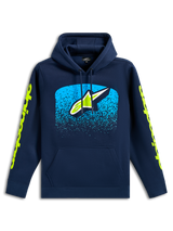 Alpinestars Obsessed hættetrøje, navyblå afslappet pullover-sweatshirt, Astars-logo på fronten med cyan MX-gradueringsgrafik, limegrønne wordmark-logoer på ærmerne, hætte med snoretræk og kængurulomme, motorsport-inspireret design