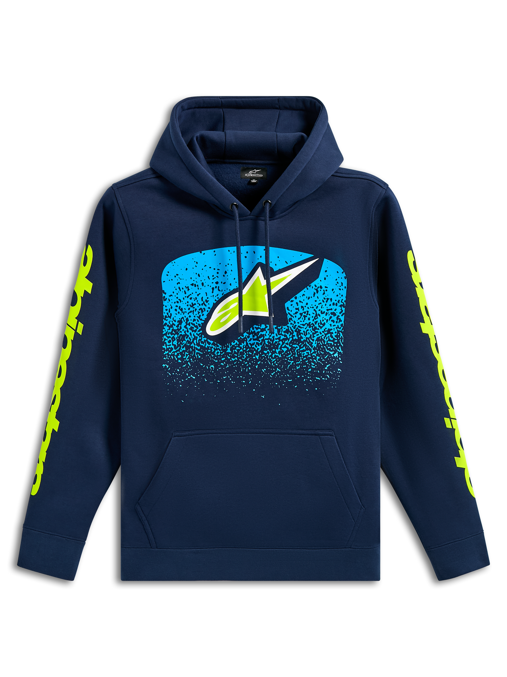Alpinestars Obsessed hættetrøje, navyblå afslappet pullover-sweatshirt, Astars-logo på fronten med cyan MX-gradueringsgrafik, limegrønne wordmark-logoer på ærmerne, hætte med snoretræk og kængurulomme, motorsport-inspireret design