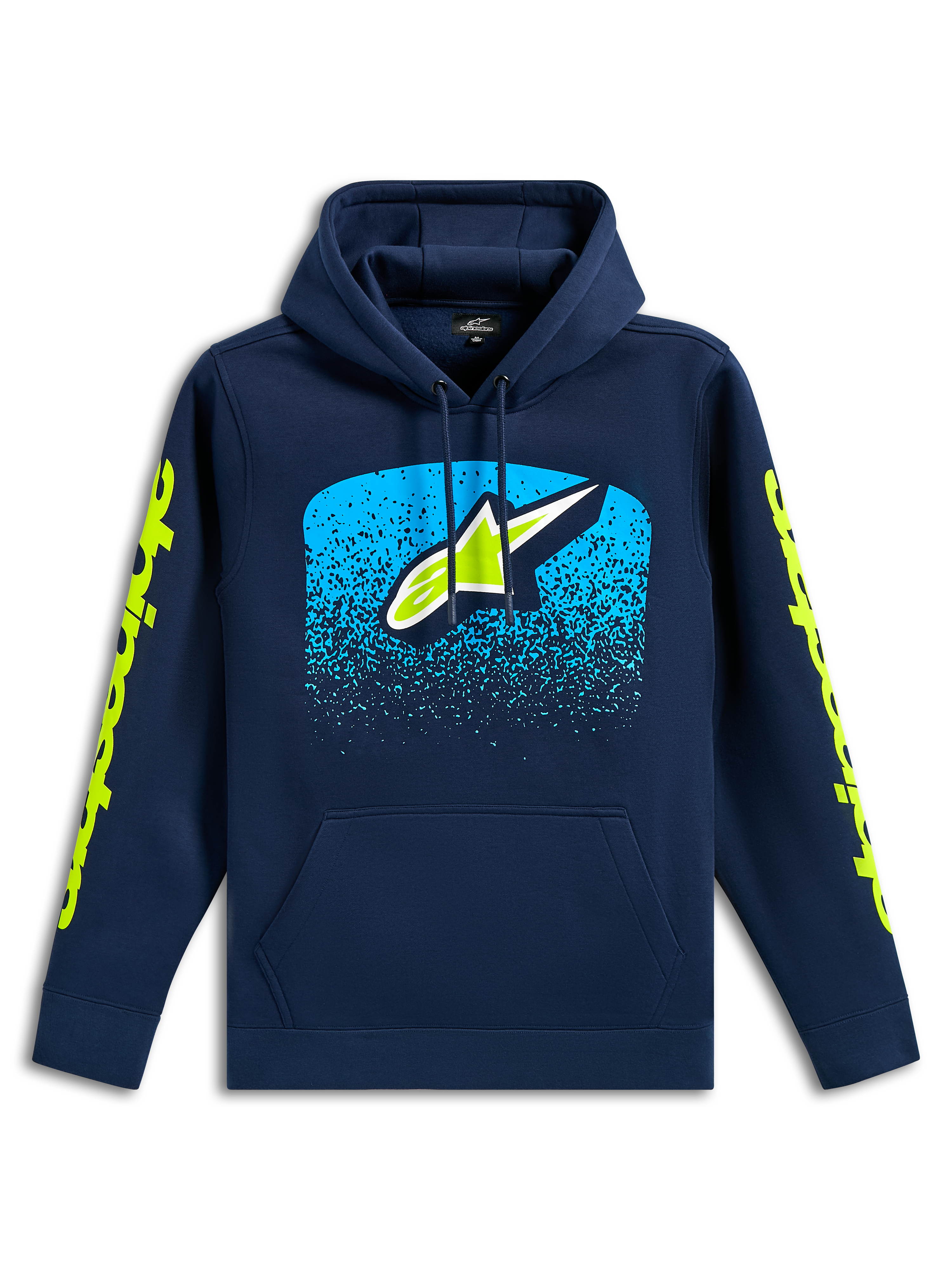 Alpinestars Obsessed hættetrøje, navyblå afslappet pullover-sweatshirt, Astars-logo på fronten med cyan MX-gradueringsgrafik, limegrønne wordmark-logoer på ærmerne, hætte med snoretræk og kængurulomme, motorsport-inspireret design