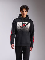 Alpinestars Obsessed Hættetrøje, afslappet sportstøj, sort pullover med et stort Astars-logo på fronten med hvid og sort nistret MX-graduering, rød branding på ærmerne, hætte med snoretræk og ribkanter.