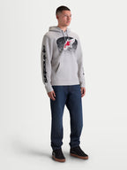 Alpinestars Obsessed hættetrøje, herre sportswearhættetrøje, cementgrå med sort MX-inspireret grafik og rødt Astars-logo, bomulds- og genanvendt polyesterblanding, branding på ærmet og kængurulomme.