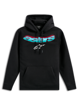 Alpinestars Ellipsoid hættetrøje, sort pullover-fleece, med buet Astars-tekstlogo i teal og rød farveovergang og hvidt stjernelogo, hætte med snøre, kængurulomme, afslappet motorsport-inspireret streetwear