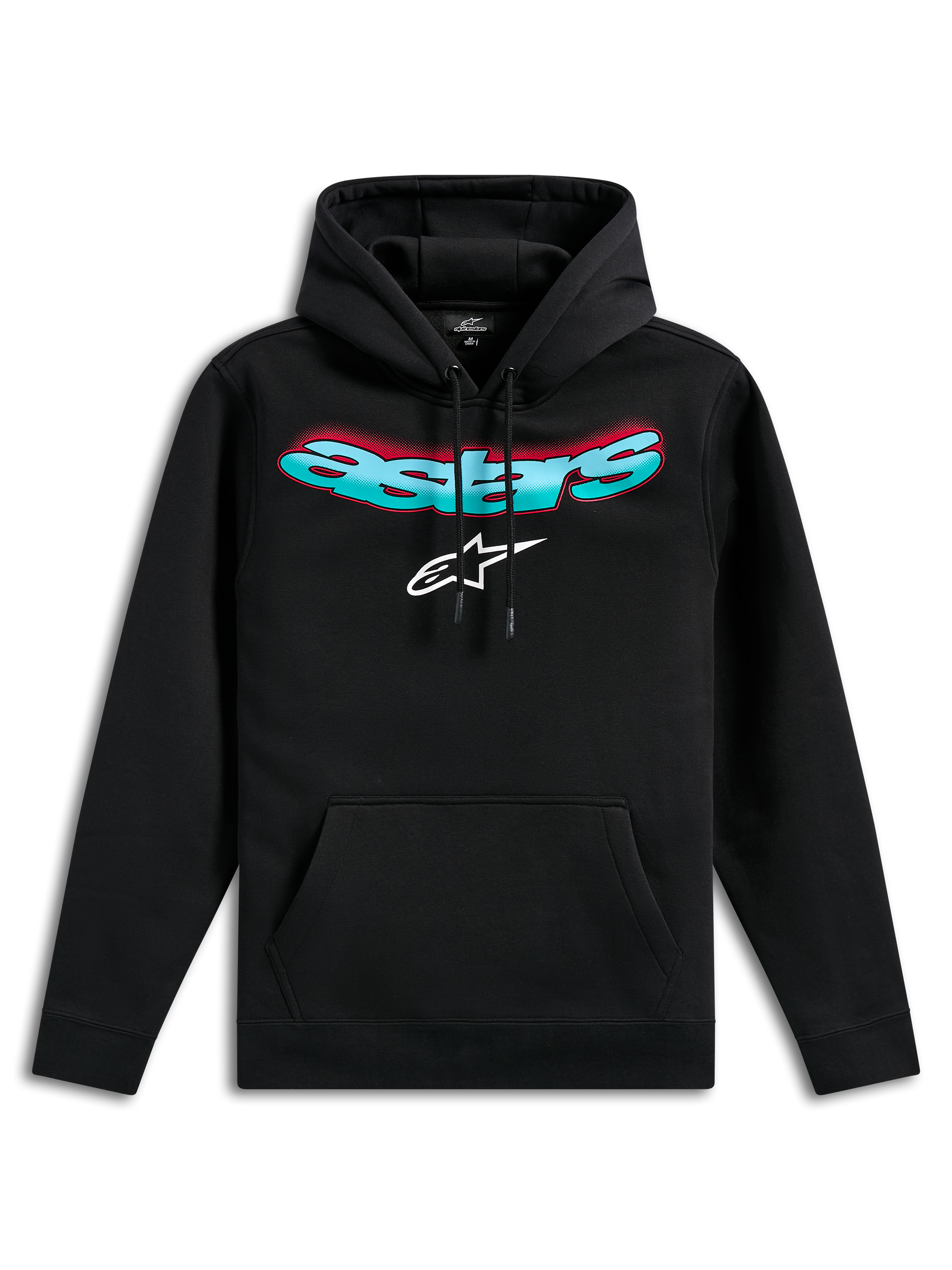 Alpinestars Ellipsoid hættetrøje, sort pullover-fleece, med buet Astars-tekstlogo i teal og rød farveovergang og hvidt stjernelogo, hætte med snøre, kængurulomme, afslappet motorsport-inspireret streetwear