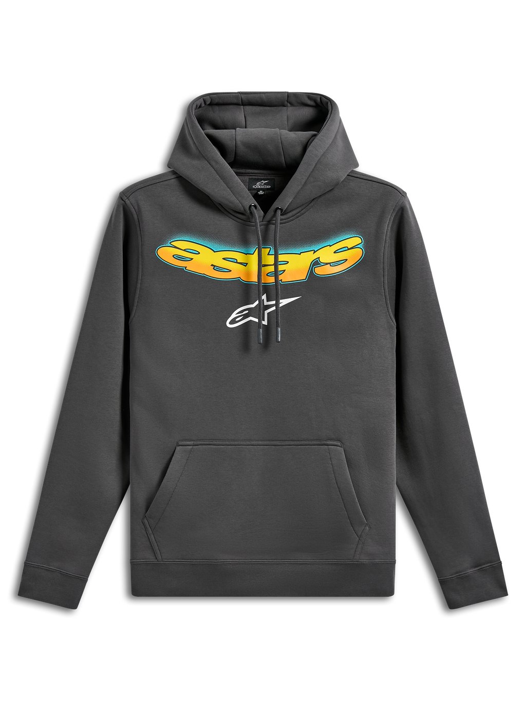 Alpinestars Ellipsoid hættetrøje, pullover fleece-hættetrøje, gunmetal grå, med et buet Astars-tekstlogo med gul og orange farveovergang og hvidt Astars-logo, kængurulomme på fronten, afslappet motorsport-inspireret streetwear