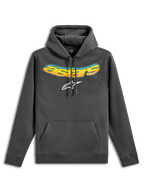 Alpinestars Ellipsoid hættetrøje, pullover fleece-hættetrøje, gunmetal grå, med et buet Astars-tekstlogo med gul og orange farveovergang og hvidt Astars-logo, kængurulomme på fronten, afslappet motorsport-inspireret streetwear