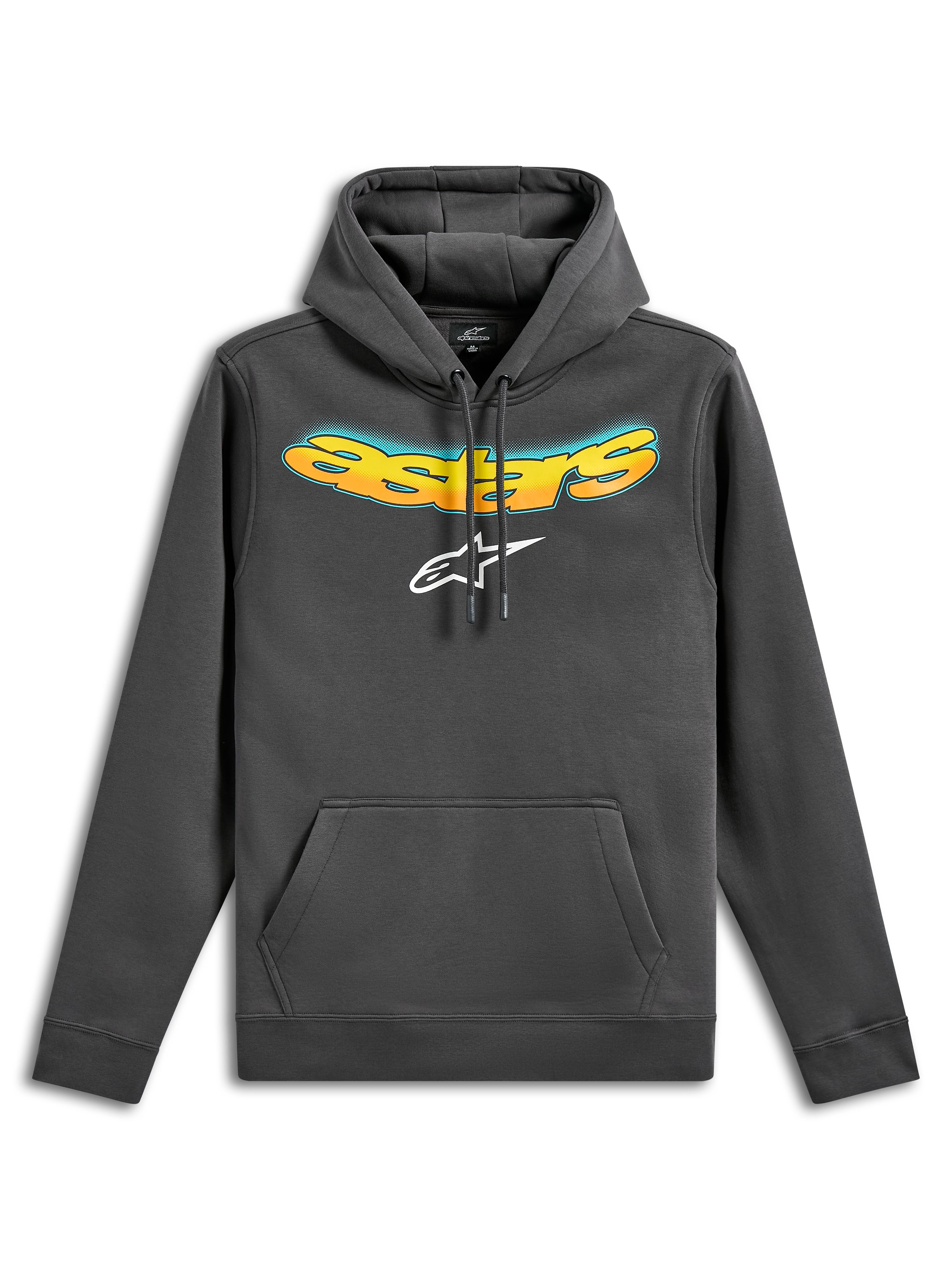 Alpinestars Ellipsoid hættetrøje, pullover fleece-hættetrøje, gunmetal grå, med et buet Astars-tekstlogo med gul og orange farveovergang og hvidt Astars-logo, kængurulomme på fronten, afslappet motorsport-inspireret streetwear