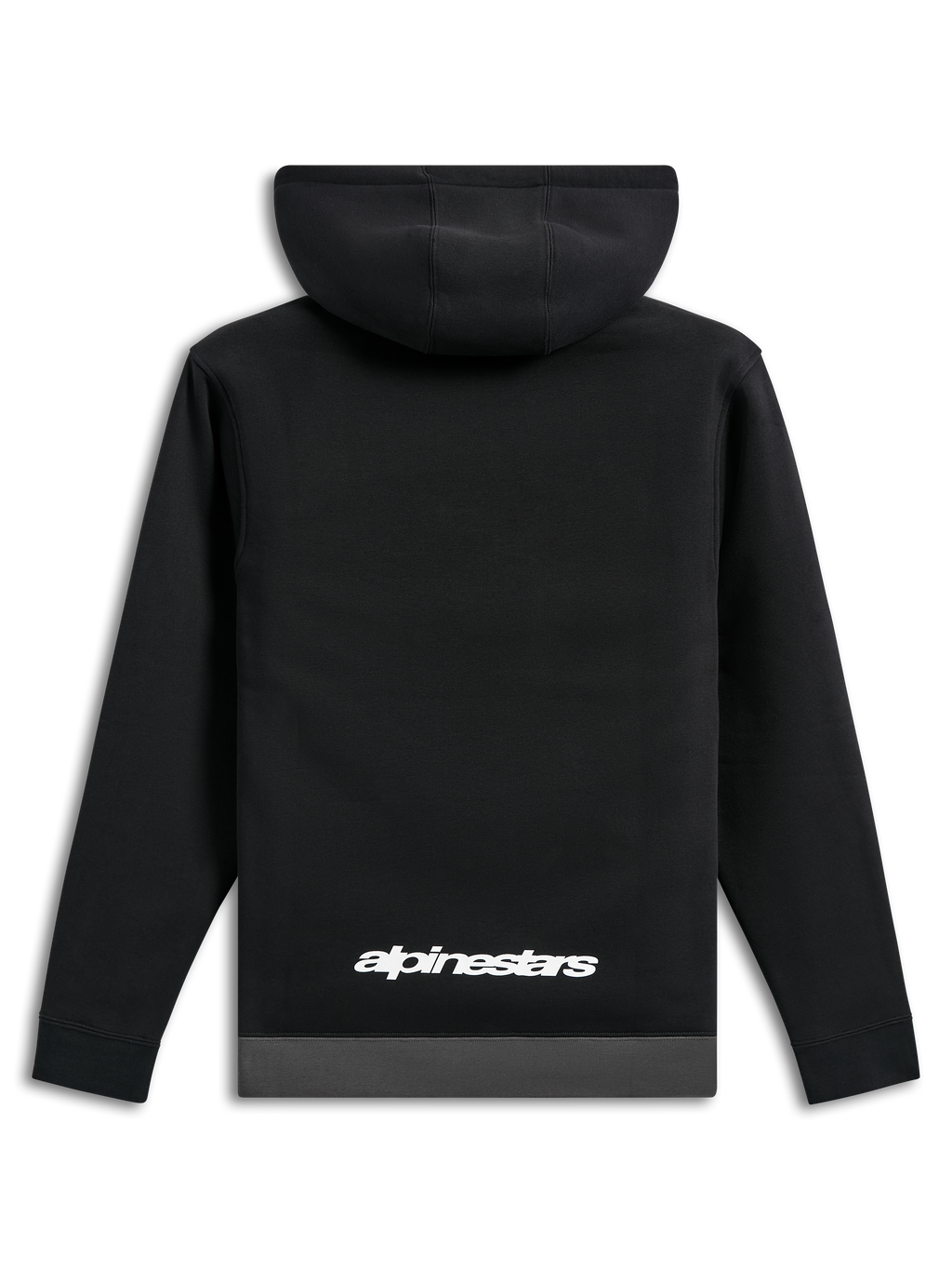 Alpinestars Parallel hættetrøje, set bagfra, sort med en gunmetal grå kant, hvidt Alpinestars tekstlogo på den nederste del af ryggen, afslappet motorsport-inspireret streetwear, lange ærmer med ribmanchetter